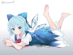 Rule 34 | barefoot, blue bow, blue dress, blue eyes, blue hair, bow, cirno, commentary request, detached wings, dress, feet up, full body, gradient background, grey background, hair bow, ice, ice wings, kiwicream09, looking at viewer, lying, neck ribbon, on stomach, red ribbon, ribbon, shirt, short hair, short sleeves, solo, sweat, touhou, twitter username, white background, white shirt, wings