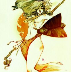 Rule 34 | 1girl, artist logo, bird, black hair, breasts, bug, chumahill, commentary, crow, english commentary, hair over one eye, holding, holding staff, insect, moth, navel, original, painting (medium), sarong, staff, standing, sun, thighs, topless, traditional media, watercolor (medium)