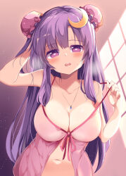 Rule 34 | 1girl, arm behind head, arm up, babydoll, bare arms, bare shoulders, blunt bangs, blush, breasts, breath, bun cover, cleavage, collarbone, commentary request, crescent, crescent hair ornament, crescent pin, double bun, gradient background, hair bun, hair ornament, hand up, head tilt, highres, indoors, jewelry, large breasts, lips, long hair, looking at viewer, maturiuta sorato, navel, open mouth, patchouli knowledge, pendant, purple background, purple eyes, purple hair, red ribbon, ribbon, solo, sweat, touhou, upper body