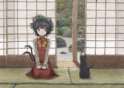 Rule 34 | 1girl, animal ears, brown eyes, brown hair, cat, cat ears, cat tail, chen, earrings, enola (ebanataw), female focus, jewelry, multiple tails, seiza, sitting, solo, tail, tatami, touhou