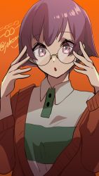 Rule 34 | 1girl, alternate costume, bespectacled, cardigan, commentary request, glasses, highres, johssnny, kantai collection, one-hour drawing challenge, orange background, purple eyes, purple hair, red cardigan, sakawa (kancolle), shirt, short hair, simple background, solo, striped clothes, striped shirt, upper body, white shirt