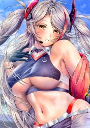 Rule 34 | 1girl, azur lane, bare shoulders, belt, black gloves, blue sky, breasts, clothing cutout, commander kei, cropped shirt, earpiece, gloves, half gloves, headgear, jacket, large breasts, looking at viewer, midriff, multicolored hair, navel, official alternate costume, outdoors, panties, panty straps, prinz eugen (azur lane), prinz eugen (final lap) (azur lane), purple jacket, race queen, red hair, red panties, shiny skin, silver hair, sky, solo, streaked hair, two-tone hair, two-tone skirt, underboob, underboob cutout, underwear, upper body, white belt, yellow eyes, zipper