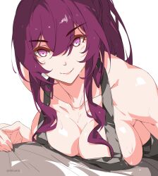 Rule 34 | 1girl, bare shoulders, breasts, cleavage, commentary, highres, honkai: star rail, honkai (series), kafka (honkai: star rail), kili kilio, large breasts, long hair, looking at viewer, purple eyes, purple hair, smile, solo, upper body, white background