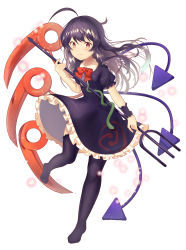 Rule 34 | 1girl, absurdres, ahoge, asymmetrical wings, black dress, black hair, black thighhighs, bow, dress, frills, highres, holding, holding weapon, houjuu nue, long hair, looking at viewer, nenobi (nenorium), polearm, puffy short sleeves, puffy sleeves, red eyes, short sleeves, smile, snake, solo, thighhighs, thighs, touhou, trident, weapon, wings, wrist cuffs
