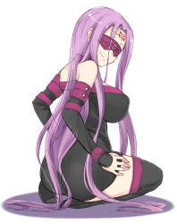 Rule 34 | 1girl, ass, bare shoulders, black thighhighs, blindfold, breasts, collar, fate/stay night, fate (series), large breasts, looking at viewer, medusa (fate), medusa (rider) (fate), purple eyes, purple hair, simple background, smile, solo, thighhighs, thighs, white background, zanku