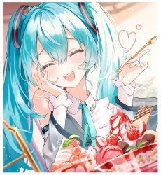 Rule 34 | 1girl, ^ ^, aqua nails, aqua ribbon, blue hair, blurry, blurry background, blush, closed eyes, commentary, dessert, detached sleeves, fancy dessert, food, hand on own face, hatsune miku, hatsune miku (nt), heart, highres, holding, holding spoon, lone nape hair, open mouth, ribbon, shireru illust, shirt, sleeveless, sleeveless shirt, solo, spoon, strawberry parfait, teeth, upper teeth only, vocaloid