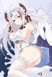 Rule 34 | 1girl, ass, azur lane, breasts, bridal gauntlets, clothes lift, dress, dress lift, flower, hair flower, hair ornament, hair ribbon, high heels, highres, lace, lace-trimmed legwear, lace trim, multicolored hair, official alternate costume, orange eyes, prinz eugen (azur lane), prinz eugen (symphonic fate) (azur lane), red hair, ribbon, shoes, sideboob, silver hair, smallqin, smile, solo, streaked hair, thighhighs, two-tone hair, wedding dress, white dress, white footwear, white thighhighs