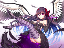 Rule 34 | 1girl, akemi homura, akuma homura, argyle, argyle clothes, argyle legwear, bare shoulders, breasts, cleavage, drogoth, elbow gloves, feathers, gloves, long hair, looking at viewer, mahou shoujo madoka magica, mahou shoujo madoka magica: hangyaku no monogatari, medium breasts, panties, purple hair, red eyes, red ribbon, ribbon, solo, thighhighs, toe-point, underwear, white background, white panties, wings