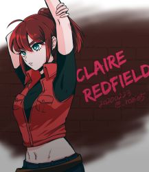 Rule 34 | 1girl, 2020, arm behind head, arms up, black shirt, character name, claire redfield, dated, green eyes, hair between eyes, highres, jacket, long hair, midriff, navel, open clothes, open jacket, parted lips, ponytail, red hair, red jacket, resident evil, rhodium (rh), shirt, short sleeves, sketch, solo, standing, stomach, stretching, twitter username, wing collar
