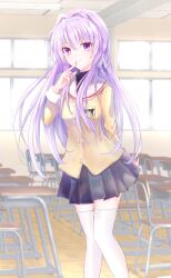 Rule 34 | 1girl, arm behind back, black skirt, blazer, clannad, classroom, closed mouth, commentary, feet out of frame, finger to mouth, floating hair, fujibayashi kyou, hair between eyes, hair intakes, hair ribbon, hand up, highres, hikarizaka private high school uniform, index finger raised, indoors, jacket, light blush, long hair, long sleeves, looking at viewer, miniskirt, oramikainu, pleated skirt, purple eyes, purple hair, ribbon, sailor collar, school uniform, sidelocks, skirt, smile, solo, standing, straight hair, thighhighs, tress ribbon, turtleneck, very long hair, white ribbon, white sailor collar, white thighhighs, yellow jacket, zettai ryouiki