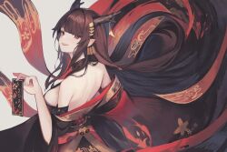 Rule 34 | 1girl, 2024, back, bare shoulders, black hair, black horns, black kimono, blunt bangs, breasts, commentary, cowboy shot, dragon horns, earrings, english commentary, grey background, highres, holding, horns, japanese clothes, jewelry, kimono, large breasts, long hair, looking at viewer, looking back, mellow (srpp4843), open mouth, original, pointy ears, red eyes, sharp teeth, sideboob, simple background, smile, solo, teeth, very long hair, wide sleeves
