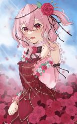 Rule 34 | 1girl, black bow, blush, bow, breasts, clenched hands, clothing cutout, dress, flower, hair flower, hair ornament, holding hands, looking at viewer, medium hair, nijisanji, nijisanji en, open mouth, plant, red dress, red flower, red rose, rose, rosemi lovelock, rosemi lovelock (1st costume), shai owl, short sidetail, shoulder cutout, sky, small breasts, solo, sparkle, thorns, vines, virtual youtuber, white flower, white rose
