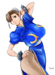 Rule 34 | bracelet, breasts, bun cover, capcom, china dress, chinese clothes, chun-li, dress, earrings, eyeshadow, hand on own hip, highres, huge breasts, jewelry, makeup, pantyhose, solo, spiked bracelet, spikes, street fighter, tuna21