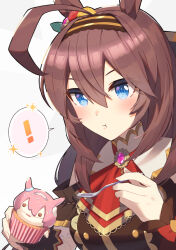 Rule 34 | !, 1girl, ahoge, animal ears, ascot, blue eyes, brown dress, brown hair, brown hairband, buttons, closed mouth, commentary request, cupcake, double-breasted, dress, ear ornament, food, fork, hairband, highres, holding, holding food, holding fork, horse ears, horse girl, light blush, long hair, mihono bourbon (code:glassage) (umamusume), mihono bourbon (umamusume), nonono (1399900), off-shoulder dress, off shoulder, official alternate costume, red ascot, simple background, solo, spoken exclamation mark, umamusume, upper body, white background