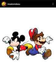 Rule 34 | 2boys, animal ears, brown hair, crossover, disney, facial hair, frown, full body, gloves, hat, looking at another, mario, mario &amp; luigi rpg, mickey mouse, mouse (animal), mouse ears, mouse tail, multiple boys, mustache, nintendo, overalls, running, serious, shorts, tail