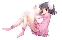 Rule 34 | 1girl, animal ears, black hair, dress, frilled dress, frills, highres, inaba tewi, k-sk style, looking at viewer, polka dot, polka dot background, rabbit ears, rabbit girl, rabbit tail, red eyes, short hair, short sleeves, simple background, socks, solo, tail, touhou, white background