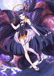 Rule 34 | 1girl, absurdres, ao-chan (ninomae ina&#039;nis), black dress, black footwear, black gloves, blush, cachi lo, detached sleeves, dress, flat chest, full moon, gloves, grey eyes, halo, highres, hololive, hololive english, long hair, looking at viewer, low wings, mole, mole under eye, moon, ninomae ina&#039;nis, ninomae ina&#039;nis (1st costume), pointy ears, purple hair, single detached sleeve, single thighhigh, smile, solo, strapless, strapless dress, tentacle hair, tentacles, thighhighs, tube dress, virtual youtuber, white sleeves, white thighhighs, wings, yellow halo
