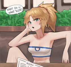 Rule 34 | 1girl, absurdres, aqua eyes, bare shoulders, blonde hair, blush, breasts, english text, fate/apocrypha, fate (series), highres, hood (james x), looking at viewer, menu, mordred (fate), mordred (fate/apocrypha), mordred (memories at trifas) (fate), ponytail, pov, sitting, solo, strapless, tube top
