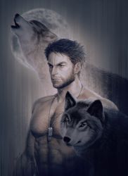 Rule 34 | 1boy, abs, bara, bare pectorals, beard, chest hair, dog tags, facial hair, full moon, hadanugi dousa, highres, howling, hugh jackman, japanese clothes, kimono, large pectorals, looking to the side, male focus, marvel, mature male, moon, muscular, muscular male, navel hair, nipples, open clothes, open kimono, pectorals, real life, realistic, saolin (wudangx), short hair, solo, stomach, upper body, wolf, wolverine (x-men), x-men