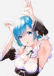 Rule 34 | 1girl, armpits, arms up, bare shoulders, black ribbon, black sleeves, blue eyes, blue hair, breasts, chestnut mouth, cleavage, collar, commentary request, detached collar, detached sleeves, eyelashes, eyes visible through hair, frilled collar, frilled sleeves, frills, hair ornament, hair over one eye, head tilt, highres, long sleeves, looking at viewer, maid, mame1645, medium breasts, open mouth, rabbit pose, re:zero kara hajimeru isekai seikatsu, rem (re:zero), ribbon, short hair, solo, upper body, upturned eyes, white background, white collar, wide sleeves, x hair ornament