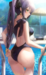 Rule 34 | 1girl, adjusting clothes, alternate costume, ass, backless swimsuit, bare arms, black hair, black one-piece swimsuit, black ribbon, blue sky, blurry, blurry background, breasts, caustics, cowboy shot, day, depth of field, earrings, from behind, genshin impact, green eyes, hair ribbon, highleg, highleg swimsuit, highres, holding, jewelry, kottungyang, long hair, looking at viewer, looking back, median furrow, medium breasts, mona (genshin impact), one-piece swimsuit, outdoors, parted lips, ponytail, pool, pool ladder, profile, ribbon, sidelocks, single bare shoulder, sky, solo, sparkle, sparkle print, star (symbol), star earrings, sunlight, swimsuit, thighs, water, water drop, wet, wet clothes, wet hair, wet swimsuit