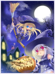 Rule 34 | 3girls, blonde hair, blue eyes, blush, broom, broom riding, emperpep, gloves, halloween, hat, jack-o&#039;-lantern, moon, multiple girls, open mouth, pink eyes, pink hair, pumpkin, red eyes, silver hair, thighhighs, witch, witch hat