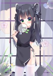 Rule 34 | 1girl, absurdres, animal ear fluff, animal ears, arm behind back, bad id, bad pixiv id, black dress, black hair, black panties, blue archive, blunt bangs, blush, bubble, blowing bubbles, china dress, chinese clothes, covering own mouth, dress, fengshen chino, green eyes, highres, long hair, panties, short sleeves, shun (blue archive), shun (small) (blue archive), side-tie panties, smile, solo, thighhighs, thighs, tiger ears, twintails, underwear, white thighhighs