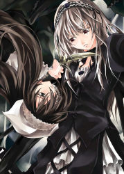Rule 34 | 00s, 2girls, brown hair, eye contact, floating hair, green eyes, hair over one eye, hairband, heterochromia, knife, long hair, looking at another, looking down, looking up, multiple girls, open mouth, raid slash, red eyes, reverse grip, rotational symmetry, rozen maiden, sad, silver hair, suigintou, suiseiseki, upside-down, very long hair, weapon