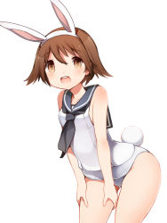 Rule 34 | 1girl, animal ears, bad id, bad pixiv id, blush, brown eyes, brown hair, bunny girl, fake animal ears, kinakomoti, looking at viewer, miyafuji yoshika, open mouth, playboy bunny swimsuit, rabbit ears, rabbit tail, sailor collar, school swimsuit, school uniform, short hair, simple background, sleeveless, smile, solo, strike witches, swimsuit, tail, white background, world witches series