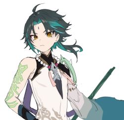 Rule 34 | 1boy, ahoge, arm tattoo, armor, asymmetrical clothes, bad id, bad twitter id, bead necklace, beads, black hair, closed mouth, facial mark, forehead mark, genshin impact, gloves, green hair, highres, holding, holding weapon, jewelry, male focus, multicolored hair, necklace, polearm, shoulder armor, simple background, single wide sleeve, solo, tattoo, weapon, white background, xiao (genshin impact), yellow eyes, yu-ri (arium047)