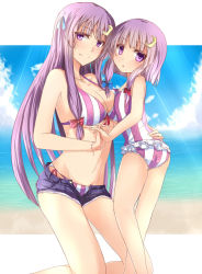 Rule 34 | 2girls, age difference, aged down, aged up, asymmetrical docking, beach, bikini, blue sky, bracelet, breast press, breasts, casual one-piece swimsuit, child, cleavage, cloud, collarbone, crescent, crescent hair ornament, day, denim, denim shorts, dual persona, hair ornament, holding hands, interlocked fingers, jewelry, kneeling, large breasts, long hair, looking at viewer, multiple girls, navel, necklace, one-piece swimsuit, onee-loli, open fly, patchouli knowledge, purple bikini, purple eyes, purple hair, ram hachimin, short hair, short shorts, shorts, sky, smile, standing, striped bikini, striped clothes, striped legwear, striped one-piece swimsuit, swimsuit, time paradox, touhou, underboob, unzipped, vertical-striped bikini, vertical-striped clothes, vertical-striped one-piece swimsuit, very long hair, yuri