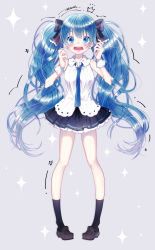 Rule 34 | 1girl, absurdres, black bow, black skirt, black socks, blue eyes, blue hair, blue necktie, bow, brown footwear, collared shirt, earrings, floating hair, full body, grey background, hair between eyes, hair bow, hatsune miku, highres, jewelry, layered skirt, loafers, long hair, looking at viewer, miniskirt, namikaze bon, necktie, open mouth, pleated skirt, shirt, shoes, skirt, sleeveless, sleeveless shirt, socks, solo, standing, twintails, very long hair, vocaloid, white shirt, wing collar, wrist cuffs