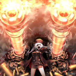 Rule 34 | 1girl, autocannon, belt, black coat, black eyes, black hat, black shirt, black skirt, blurry, blurry foreground, cannon, coat, constricted pupils, copyright name, dairoku ryouhei, eyepatch, firing, fur hat, gatling gun, gloves, glowing, hat, hetza (hellshock), knife, long hair, looking at viewer, military, military uniform, miniskirt, multiple-barrel firearm, one eye covered, open mouth, papakha, rotary cannon, sheath, sheathed, shell casing, shirt, side slit, skirt, smile, solo, standing, teeth, uniform, very long hair, white gloves, white hair, wide shot
