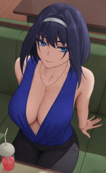 Rule 34 | 1girl, alternate costume, artist name, bare shoulders, black pants, blue shirt, blush, breasts, casual, cleavage, closed mouth, collarbone, commentary, couch, cup, denim, disposable cup, drink, drinking straw, english commentary, from above, gold bracelet, gold necklace, hair intakes, hairband, headband, highres, hololive, hololive english, jeans, jewelry, large breasts, looking at viewer, mixed-language commentary, necklace, ouro kronii, paid reward available, pants, plunging neckline, revision, shirt, short hair, sitting, sleeveless, sleeveless shirt, smile, solo, table, thighs, virtual youtuber, white hairband, zaphn