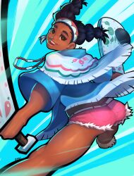 Rule 34 | 1girl, bead necklace, beads, belt, black hair, blue shirt, brown eyes, capcom, club (weapon), dark-skinned female, dark skin, estyy, happy, headband, highres, holding, holding weapon, jewelry, lily hawk, looking at viewer, medium hair, micro shorts, necklace, oversized clothes, oversized shirt, pink shorts, pogamoggan, shirt, short shorts, shorts, smile, solo, street fighter, street fighter 6, thighs, twintails, weapon, white belt, wide sleeves