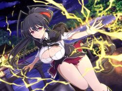 Rule 34 | 1girl, antenna hair, architecture, attack, black capelet, black corset, black hair, black ribbon, black socks, blush, breasts, bridge, bush, capelet, cleavage, cloud, collared shirt, corset, crossover, east asian architecture, electricity, electrokinesis, fence, flower, hair ribbon, high school dxd, himejima akeno, house, kuoh academy school uniform, large breasts, long hair, looking at viewer, magic, neck ribbon, night, night sky, official art, outdoors, plant, pleated skirt, ponytail, purple eyes, purple skirt, ribbon, river, school uniform, senran kagura, senran kagura new link, shiny skin, shirt, skirt, sky, socks, solo, star (sky), starry sky, stone lantern, torn clothes, torn shirt, torn skirt, torn sleeves, torn socks, tree, underbust, very long hair, water, white flower, white shirt, wooden bridge, wooden fence, yaegashi nan