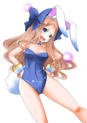 Rule 34 | 1girl, absurdres, animal ears, asakaze (kancolle), blue bow, blue bowtie, blue eyes, blue leotard, bow, bowtie, breasts, cleavage, collarbone, commentary request, detached collar, fake animal ears, feet out of frame, forehead, hair ribbon, hands on own hips, highres, kantai collection, leotard, light brown hair, long hair, medium breasts, one-hour drawing challenge, parted bangs, playboy bunny, rabbit ears, ribbon, sidelocks, simple background, smile, solo, strapless, strapless leotard, taisinkoku, wavy hair, white background, wrist cuffs