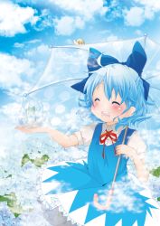 Rule 34 | 1girl, absurdres, bad id, bad pixiv id, berry jou, blue hair, blush, bow, cirno, dress, closed eyes, flower, frog, frozen, frozen frog, hair bow, highres, hydrangea, open mouth, short sleeves, sky, smile, snail, solo, touhou, umbrella