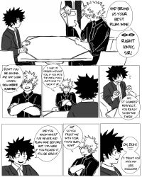 Rule 34 | 3boys, bakugou katsuki, bakuverde, boku no hero academia, collared shirt, comic, commentary, english commentary, english text, freckles, greyscale, highres, long sleeves, looking at another, male focus, midoriya izuku, monochrome, multiple boys, open mouth, restaurant, shirt, short hair, sitting, smile, speech bubble, spiked hair, standing, table