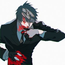 Rule 34 | 1boy, azisaiharumaki56, black gloves, black jacket, black necktie, blood, blood on clothes, blood on face, blood on hands, blue hair, brown eyes, collared shirt, commentary request, fate/grand order, fate (series), fingerless gloves, gloves, highres, injury, jacket, long sleeves, looking at viewer, male focus, necktie, saitou hajime (fate), shirt, short hair, simple background, smile, solo, white background, white shirt