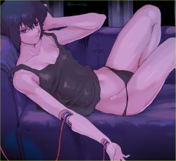 Rule 34 | 1girl, bad id, bad twitter id, black hair, black panties, blue eyes, cable, couch, cyborg, eyelashes, ghost in the shell, hand on own head, katsuoboshi, kusanagi motoko, looking at viewer, lying, mechanical parts, outline, panties, short hair, solo, subdermal port, tank top, twitter username, underwear, underwear only