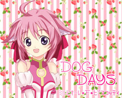 Rule 34 | 10s, 1girl, ahoge, animal ears, bare shoulders, blue eyes, breasts, dog days, dog ears, dress, elbow gloves, female focus, gloves, hair ribbon, highres, millhiore f. biscotti, open mouth, pink hair, ribbon, short hair, smile, solo