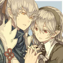 Rule 34 | 1boy, 1girl, :d, black hairband, blue background, blue shirt, brother and sister, close-up, corrin (female) (fire emblem), corrin (fire emblem), couple, eyelashes, fire emblem, fire emblem fates, furrowed brow, hair between eyes, hair ribbon, hairband, hand up, harusame (rueken), hetero, high collar, high ponytail, holding hands, long hair, motion lines, nervous, nintendo, open mouth, orange eyes, pointy ears, ponytail, red eyes, red ribbon, ribbon, shirt, siblings, sidelocks, silver hair, simple background, smile, standing, sweatdrop, takumi (fire emblem), tassel, upper body