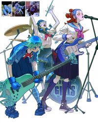 Rule 34 | 3girls, = =, arms up, band, black footwear, black socks, blue gloves, blue hair, blue sailor collar, blue theme, blunt bangs, boots, clenched hand, commentary, converse, drum, drum set, drumsticks, electric guitar, english commentary, glasses, gloves, gradient hair, guitar, hands up, highres, holding, holding drumsticks, holding instrument, holding plectrum, instrument, leaning forward, long sleeves, looking up, microphone, microphone stand, multicolored hair, multiple girls, neckerchief, original, pale skin, personification, pink neckerchief, platform footwear, plectrum, purple lips, ramon nunez, red hair, red neckerchief, reference inset, sailor collar, school uniform, screaming, shirt, shoes, short sleeves, simple background, slouching, sneakers, socks, standing, white background, white shirt, yellow eyes