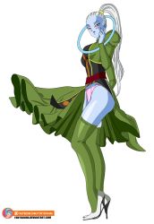 Rule 34 | 1girl, blue skin, blush, colored skin, dragon ball, dragon ball super, foxybulma, full body, high heels, highres, looking at viewer, panties, ponytail, simple background, solo, standing, striped clothes, striped panties, thighhighs, transparent background, underwear, vados (dragon ball), white hair