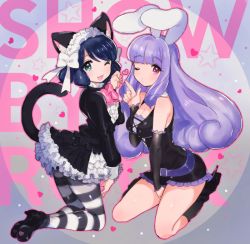 Rule 34 | 10s, 2girls, ;d, animal ears, black dress, black hair, blunt bangs, blush, boots, breasts, cat ears, cat tail, chuchu (show by rock!!), cleavage, curly hair, cyan (show by rock!!), detached sleeves, dress, gothic lolita, green eyes, heart, high heel boots, high heels, lolita fashion, long hair, looking at viewer, maid headdress, miyako (xxxbibit), multiple girls, one eye closed, open mouth, pantyhose, paw pose, purple eyes, purple hair, rabbit ears, ringlets, show by rock!!, smile, star (symbol), striped clothes, striped legwear, striped pantyhose, tail