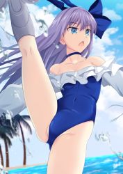 Rule 34 | 1girl, bare shoulders, blue eyes, blue ribbon, blush, breasts, choker, collarbone, cross (crossryou), fate/grand order, fate (series), frilled one-piece swimsuit, frills, groin, hair ribbon, highleg, highleg swimsuit, highres, leg lift, long hair, long sleeves, meltryllis, meltryllis (fate), meltryllis (swimsuit lancer) (fate), meltryllis (swimsuit lancer) (second ascension) (fate), off-shoulder one-piece swimsuit, off shoulder, one-piece swimsuit, open mouth, prosthesis, prosthetic leg, puffy sleeves, purple hair, ribbon, sleeves past fingers, sleeves past wrists, small breasts, solo, swimsuit, thighs, very long hair, white ribbon