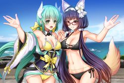 Rule 34 | 2girls, :d, animal ears, aqua hair, armpits, beach, bikini, black bikini, black hair, blue sky, blush, bow, breasts, brown eyes, cleavage, cowboy shot, day, dragon girl, dragon horns, fate/grand order, fate (series), flower, fox ears, fox girl, fox tail, frilled bikini, frills, hair bow, hair flower, hair ornament, hairband, highres, horns, interlocked fingers, kiyohime (fate), kiyohime (fate/grand order), kiyohime (swimsuit lancer) (fate), kiyohime (swimsuit lancer) (first ascension) (fate), large breasts, long hair, looking at viewer, low twintails, multiple girls, multiple horns, open mouth, osakabehime (fate), osakabehime (foxy lady) (fate), outdoors, pom pom (cheerleading), red-framed eyewear, sky, smile, swimsuit, tail, twintails, very long hair, wide sleeves, yellow bikini, yellow bow, yellow eyes, youshuu