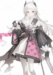 Rule 34 | 1girl, arknights, black eyes, black jacket, capelet, closed mouth, earrings, feet out of frame, front-seamed legwear, gun, head wings, high-waist skirt, highres, holding, holding gun, holding lantern, holding weapon, irene (arknights), jacket, jewelry, lantern, long hair, long sleeves, looking at viewer, luozhou pile, pantyhose, print shirt, puffy long sleeves, puffy sleeves, purple skirt, seamed legwear, sheath, sheathed, shirt, skirt, solo, standing, sword, very long hair, weapon, white capelet, white hair, white pantyhose, white skirt, wings