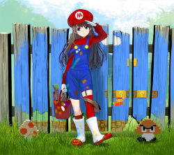 Rule 34 | 1girl, art brush, asymmetrical legwear, back, black hair, blue eyes, boots, bucket, cabbie hat, day, fence, full body, genderswap, genderswap (mtf), gloves, goomba, grass, hat, highres, kneehighs, kouno (masao), long hair, long sleeves, looking at viewer, mario, mario (series), mushroom, nintendo, outdoors, overalls, paintbrush, pouch, power-up, red hat, red socks, red sweater, ribbed sweater, rubber boots, salute, single thighhigh, sleeves past wrists, smile, socks, solo, standing, strap slip, super mario bros. 1, sweater, thighhighs, uneven legwear, white gloves, wooden fence